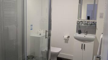 Un baño moderno con cabina de ducha de vidrio, inodoro, lavamanos con espejo y suelo de madera oscura.