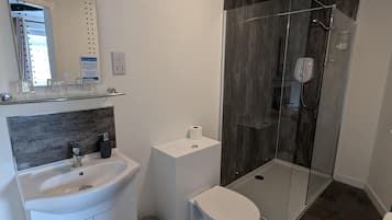 A modern bathroom with a glass-enclosed shower, a white sink, and a toilet.