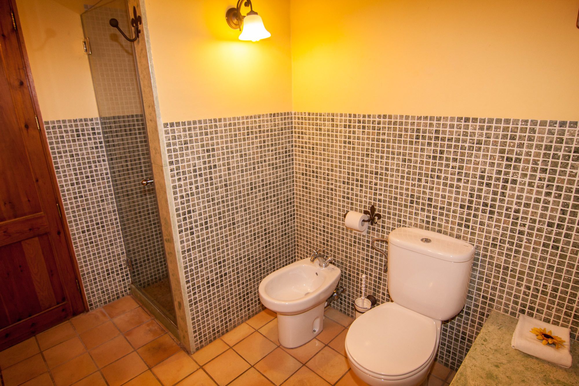 Une salle de bain équipée d’un bidet, de toilettes et d’un espace douche.
