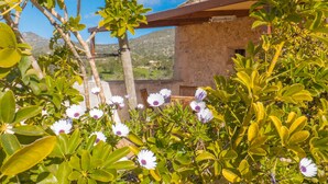 A stone building with a wooden pergola and a view of a mountainous landscape. - Finca Ses Cases Noves (Sant Llorenc des Cardassar)