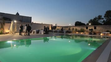 Outdoor pool, open 9 AM to 7:30 PM, sun loungers