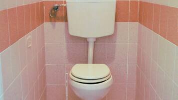 Un baño pequeño con azulejos, que incluye un inodoro, un bidé y un dispensador de papel higiénico.