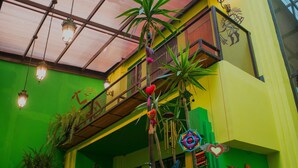 Un interior vibrante con una pared verde, piso de madera y un balcón con barandilla de metal.