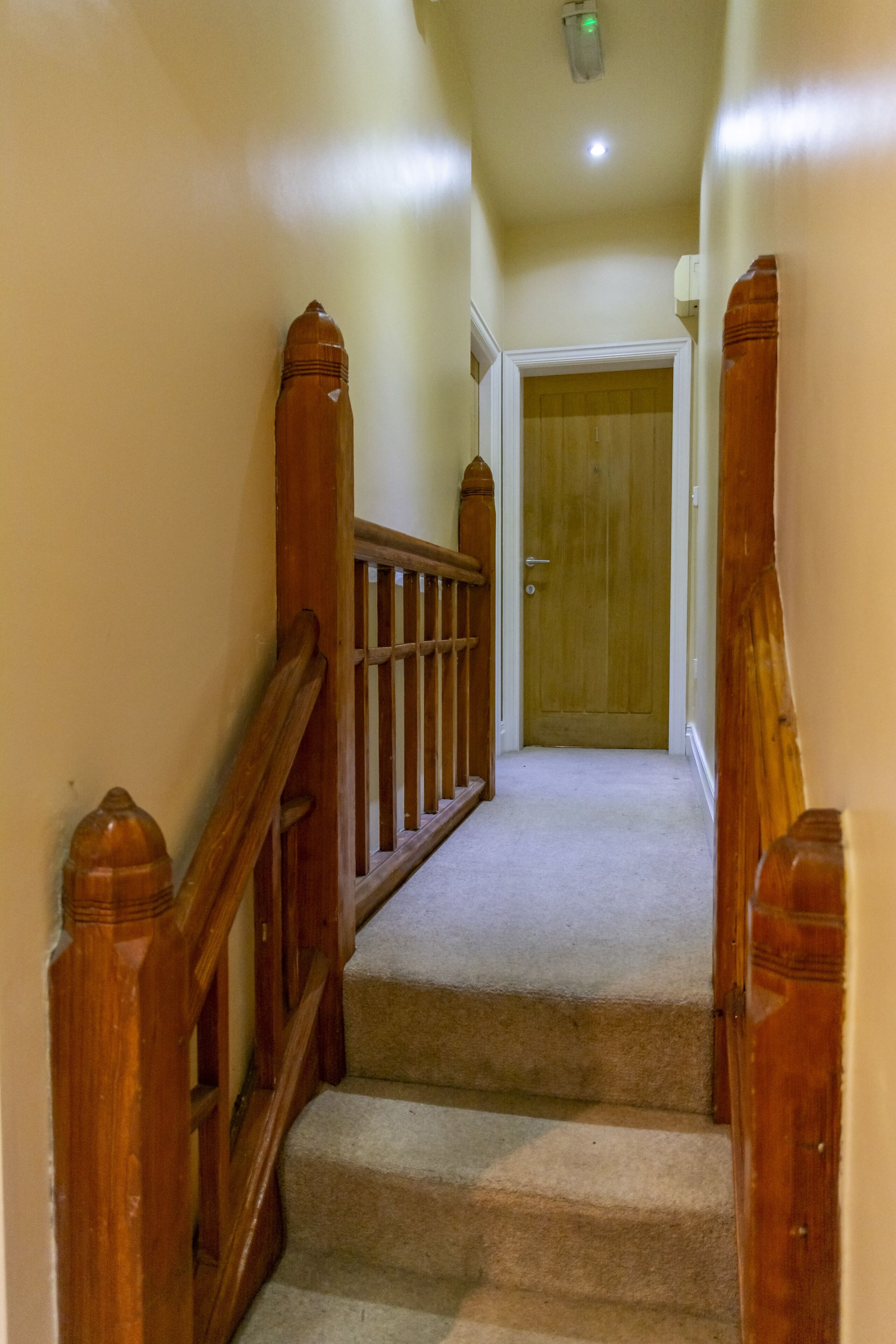 A carpeted staircase with wooden handrails leading to a wooden door at the top.