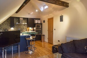 Luxury Apartment | Private kitchen | Fridge, microwave, oven, stovetop