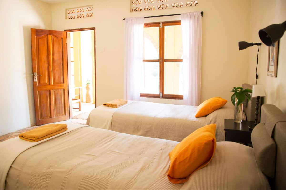 A room with two beds, a wooden door, a window with curtains, a lamp, and a plant.