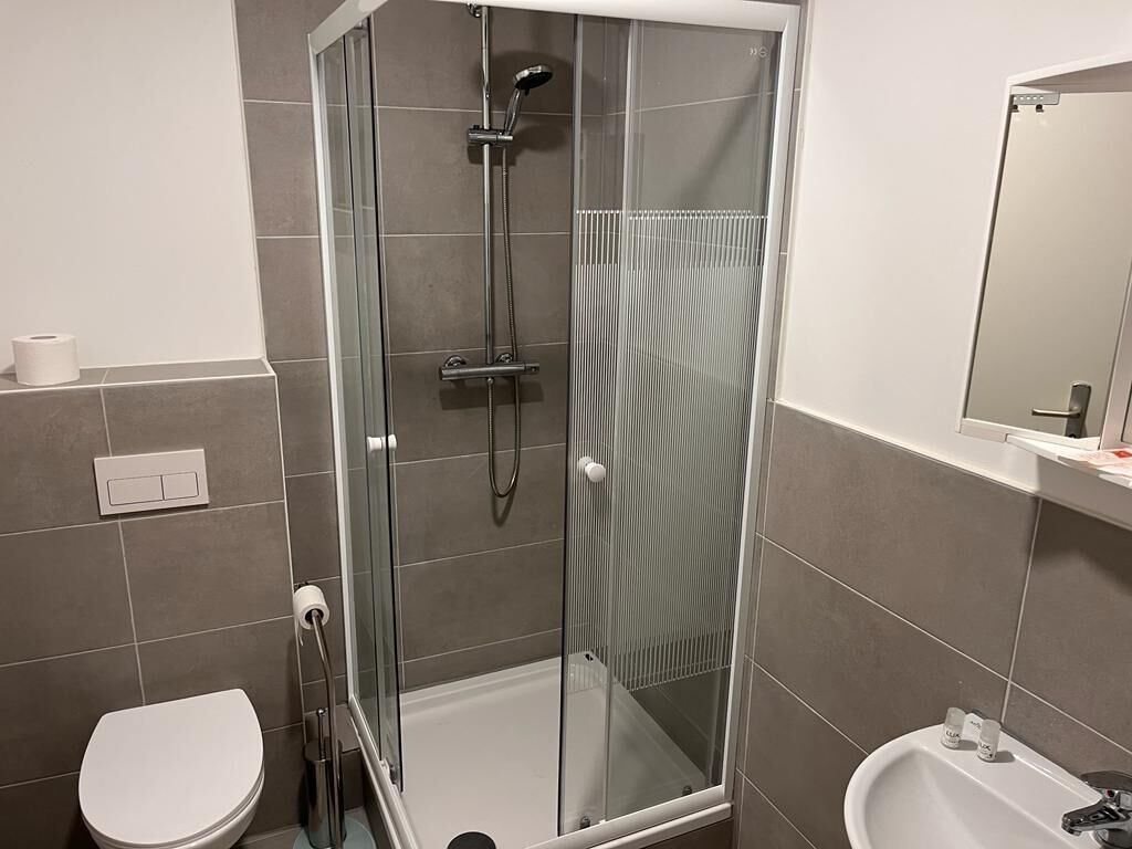 A modern bathroom with a glass-enclosed shower, a white toilet, and a sink with a mirror above it.