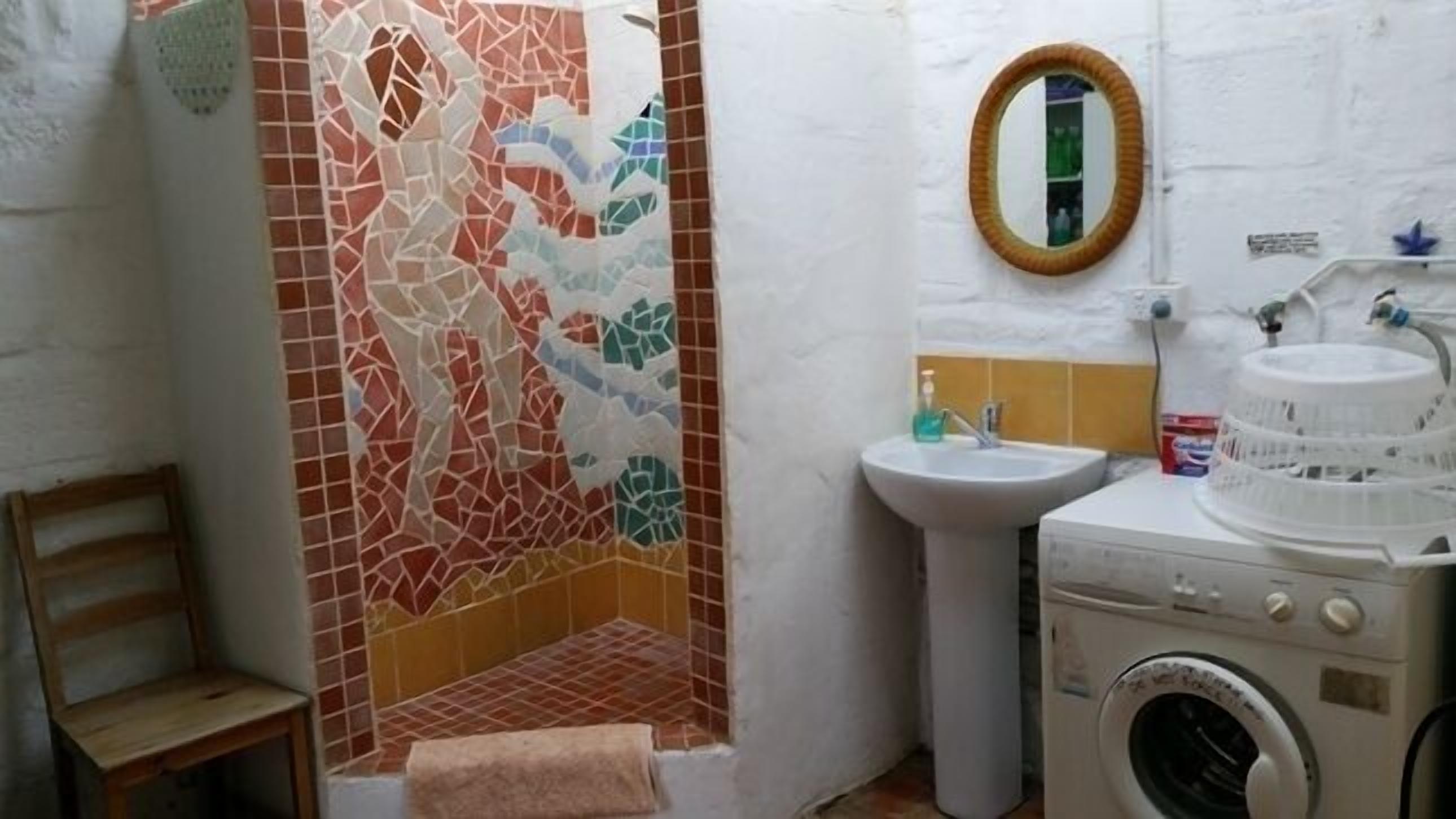 Une petite salle de bain avec une douche, un lavabo et un lave-linge.
