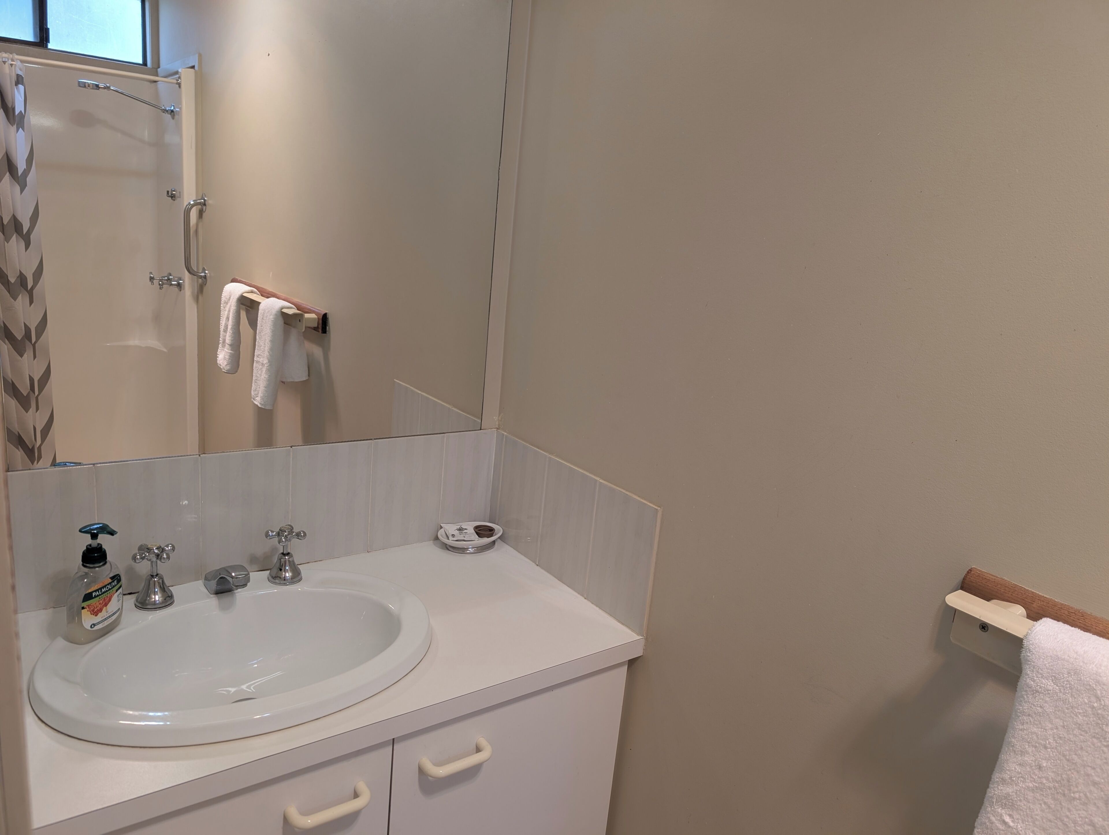 Shower, towels, soap, shampoo