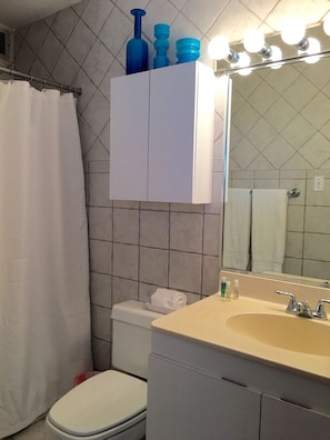 Combined shower/tub, hair dryer, towels, soap