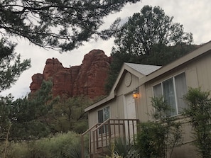 Front door of house with Cimmaron Butte in the background. 