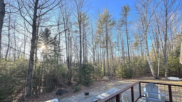 Une terrasse avec un barbecue et des chaises donnant sur une zone boisée.