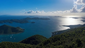 A coastal landscape with clear skies, calm sea, and lush green hills. - The Crown Jewel of Calichi (St. John)