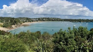 Paisaje costero con playa, barcos y vegetación.