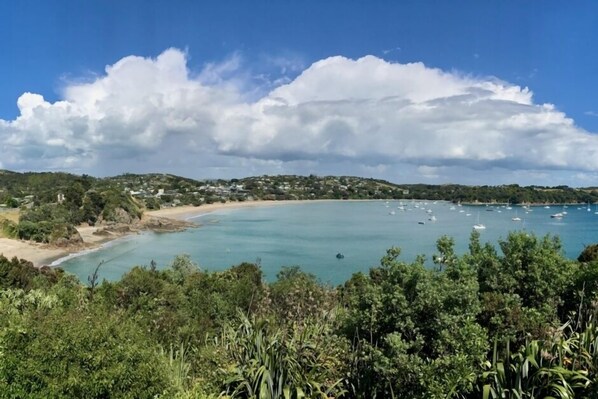 Eine Küstenlandschaft mit Strand, Booten und viel Grün.