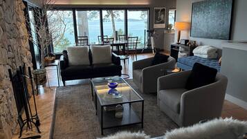 Smart TV, fireplace, foosball, books