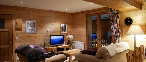 Télévision, cheminée, livres, chaîne hi-fi