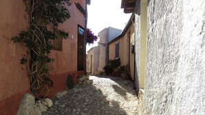 A narrow cobblestone alley with buildings on either side, featuring stone steps and potted plants. - Apartment/ flat - POSADA (Posada)