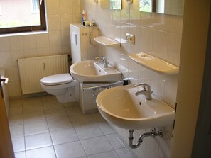 Bathtub, hair dryer, towels, soap