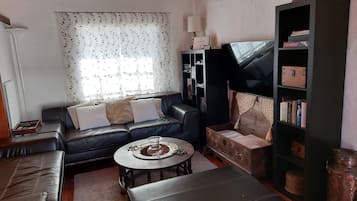 Smart TV, chimenea, libros y estéreo