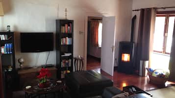 Una Smart TV, una chimenea, libros, un reproductor estéreo