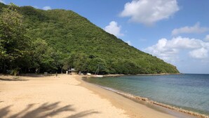A beach with a sandy shore, a small hut, and a forested hill in the background.