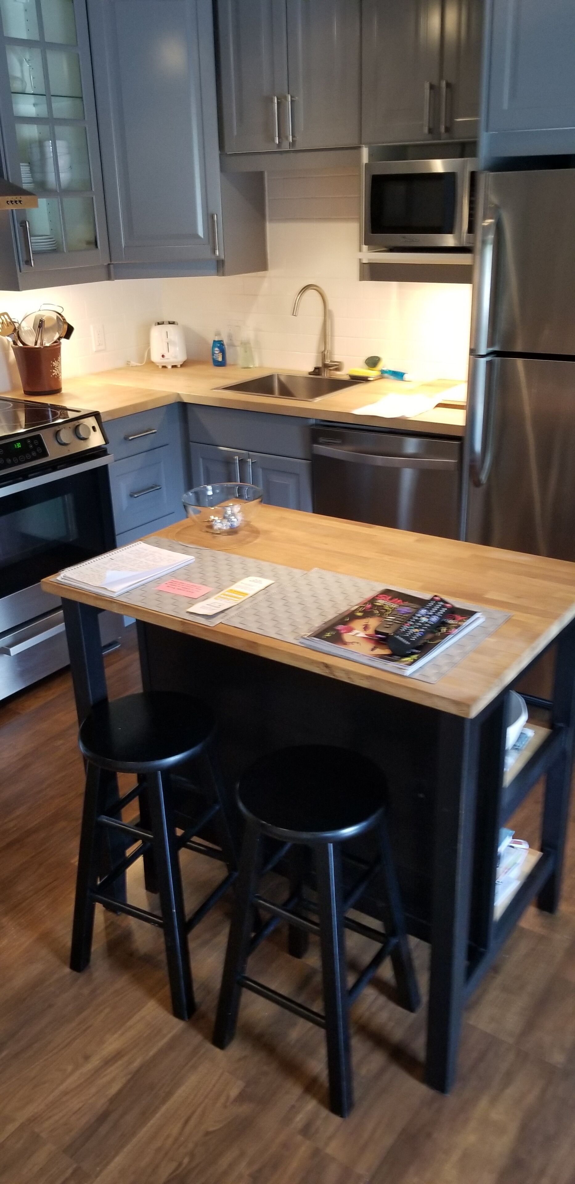 Kitchen, microwave, refrigerator, stove, sink
