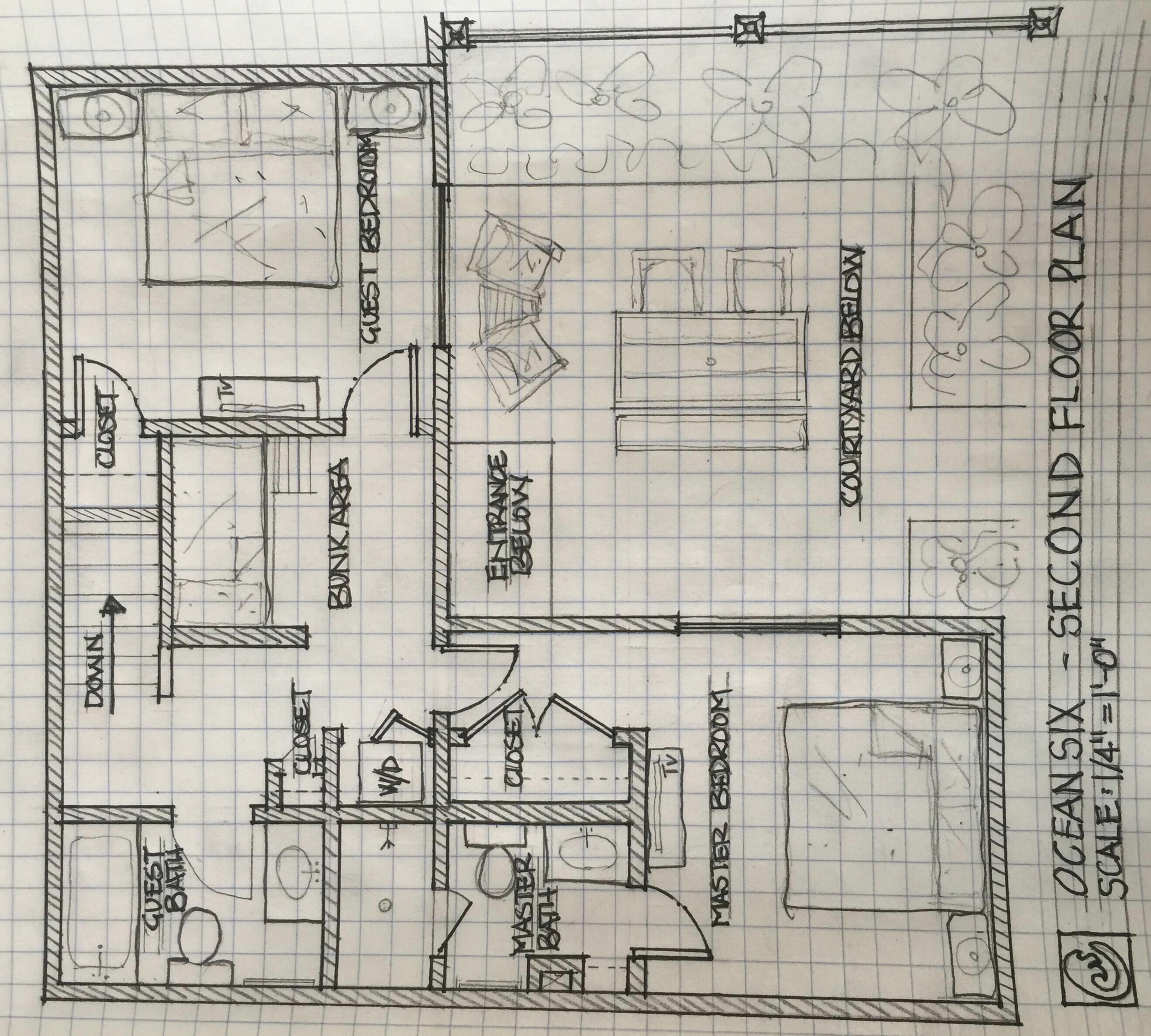 Un plan détaillé des étages d’un hôtel, avec indication des différentes pièces, notamment une chambre principale, une chambre d’amis et une salle de bain.