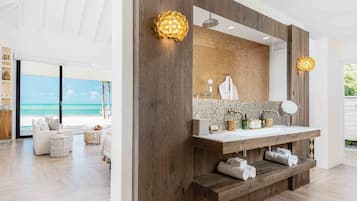 Luxury Bungalow, Private Pool, Beachfront | Bathroom | Shower, free toiletries, hair dryer, bathrobes