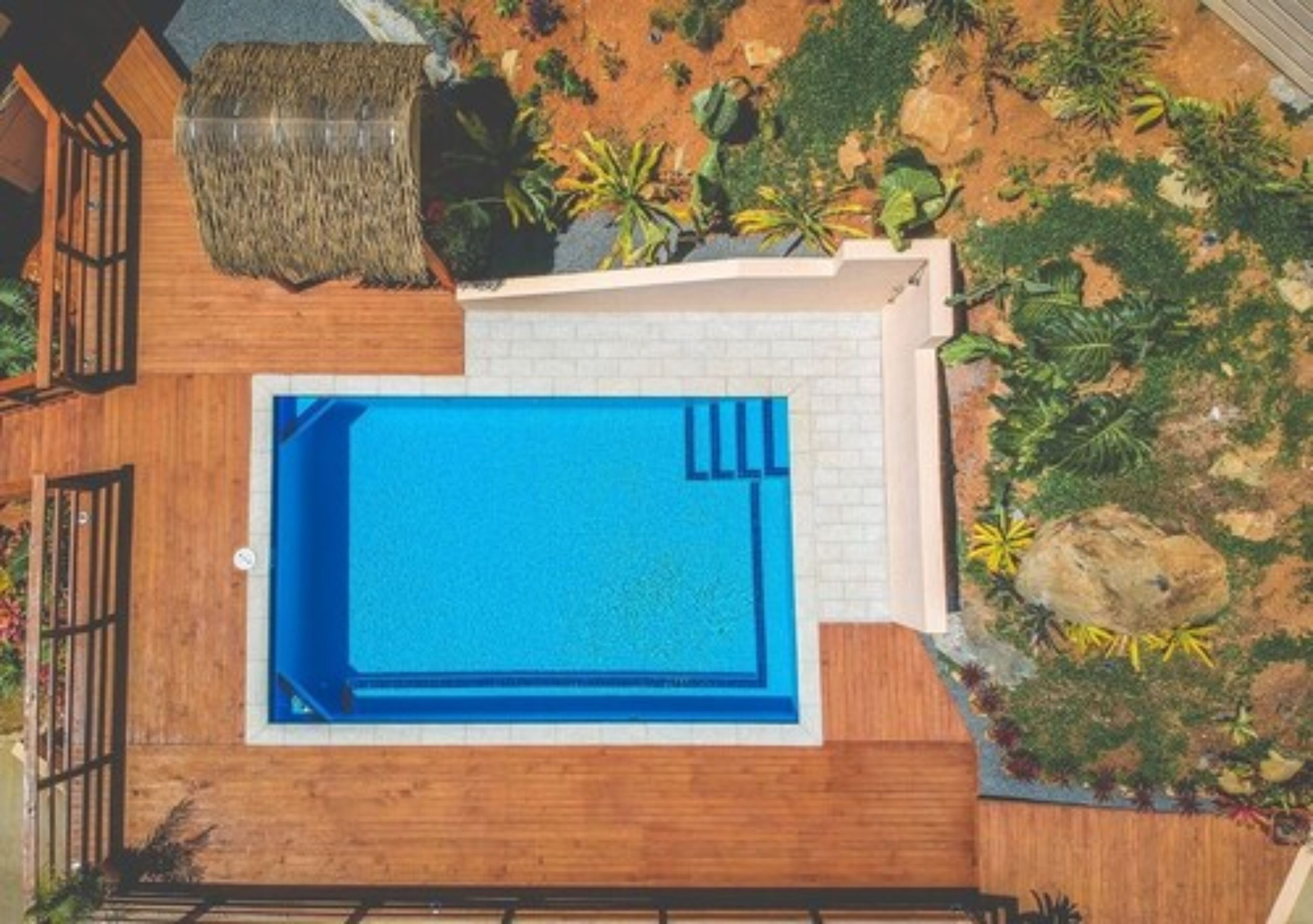 Vista aerea di una piscina circondata da un pontile in legno e una vegetazione rigogliosa.