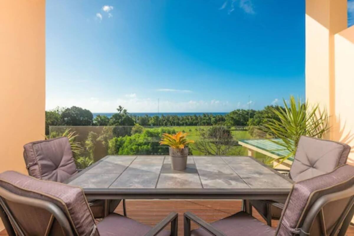 A patio with a table and chairs, a potted plant, and a view of a green landscape.