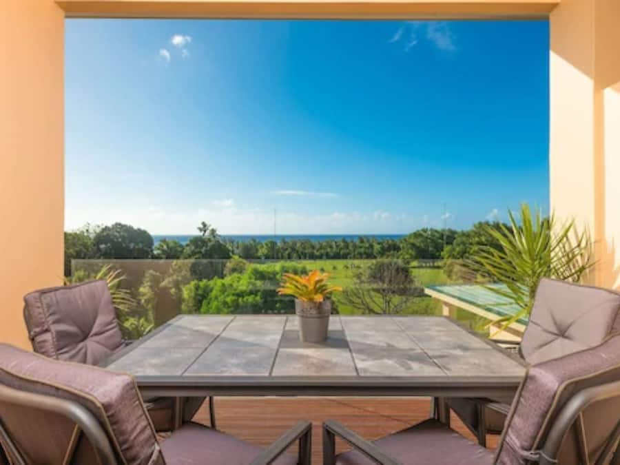 A patio with a table and chairs, a potted plant, and a view of a green landscape.