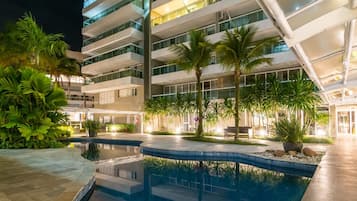 Indoor pool, outdoor pool, sun loungers