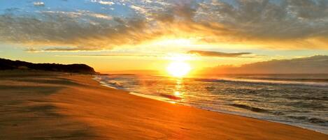 On the beach, sun loungers