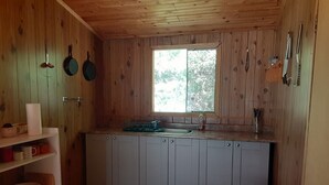 A compact kitchen with wooden walls, a window, and basic amenities. - Algonquin Cabin on the Magnetawan river (Emsdale)