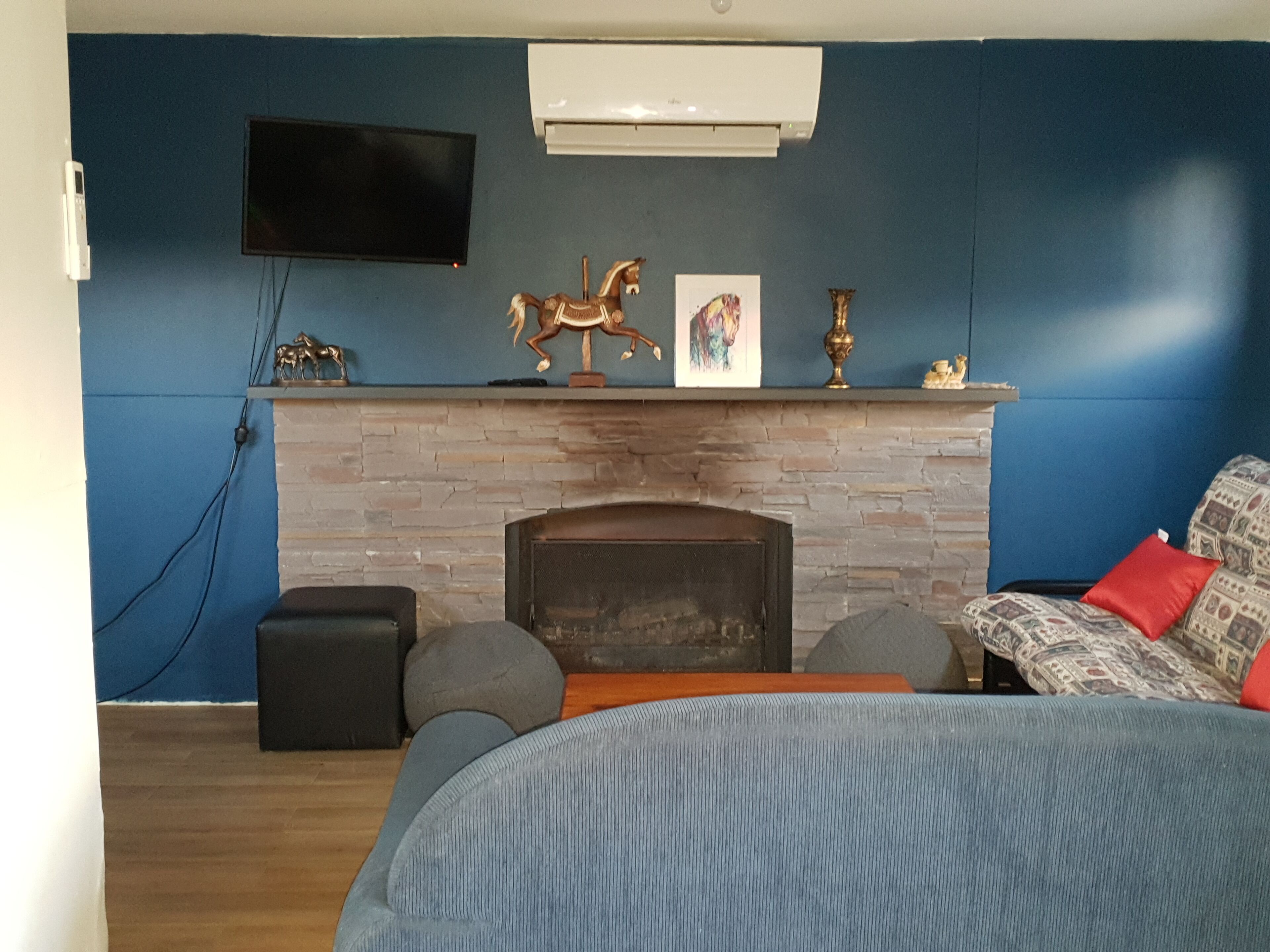 TV, caminetto, lettore DVD, libri