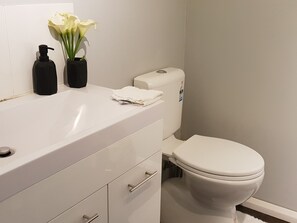 A bathroom with a white sink, two black soap dispensers, a white toilet, and a white towel on the counter. - Lockleigh Park - Escape to the Country (Lebrina)