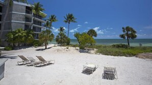 Ein Strand mit Palmen, einem wolkenlosen, tiefblauen Himmel und einem Gebäude mit Balkonen mit Blick auf den Ozean.