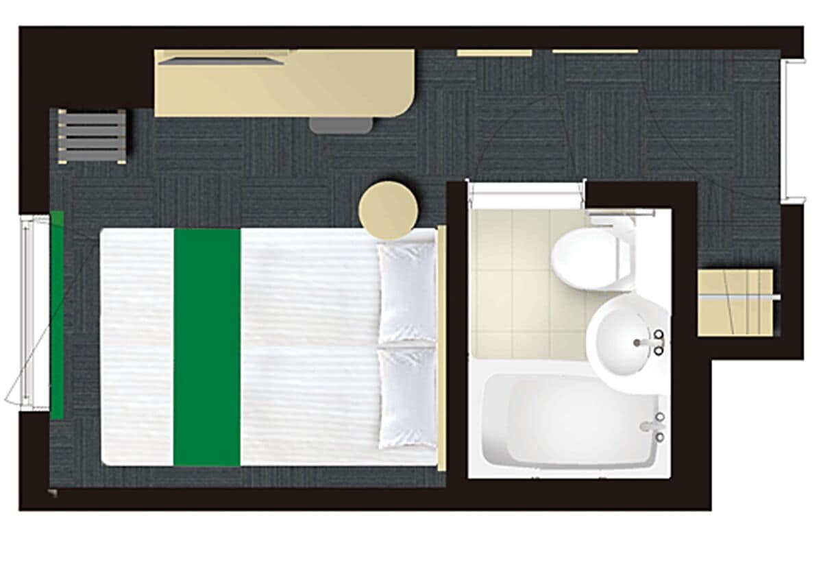 A hotel room layout with a bed, a bathroom, and a small sitting area.