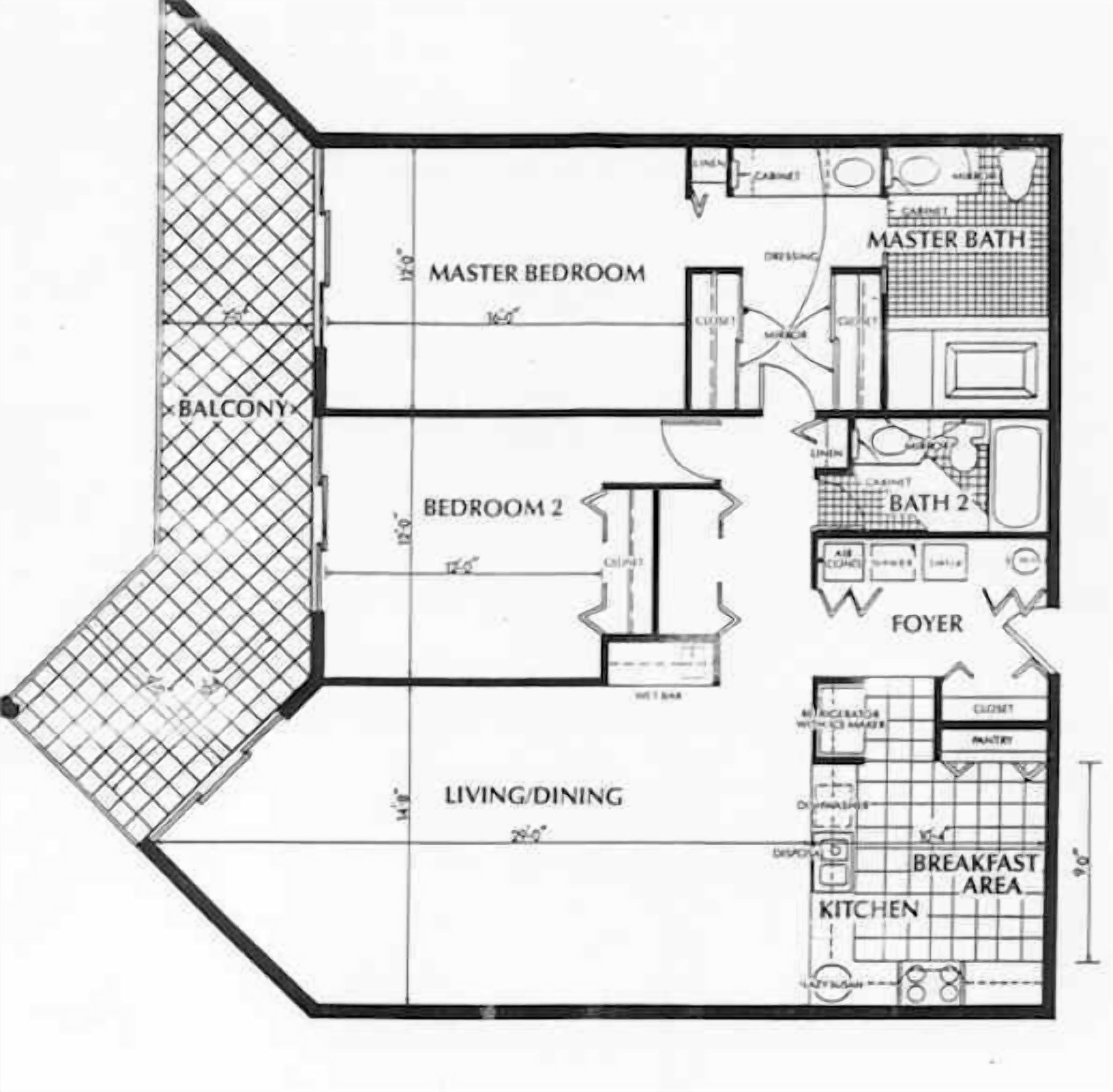 Plan d’étage d’un hôtel comprenant une chambre principale, une salle de bain attenante, un balcon, une deuxième chambre, un hall d’entrée, un salon/salle à manger, un coin petit-déjeuner et une cuisine.