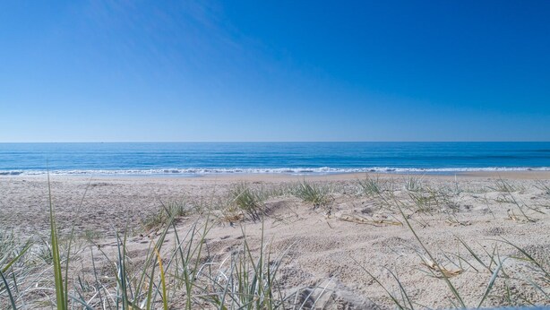 Ein Strand mit klarem Himmel und ruhigem Wasser.