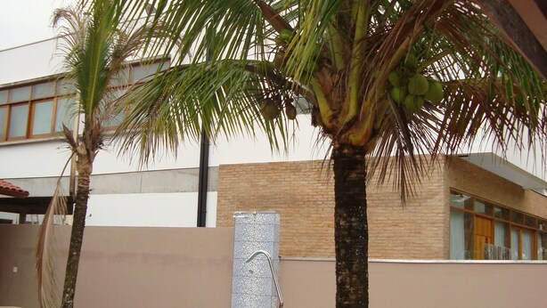 A swimming pool with a palm tree and a chair in the foreground, and a building with a tiled wall and windows in the background. - House with pool, barbecue, air conditioning. (Caraguatatuba)