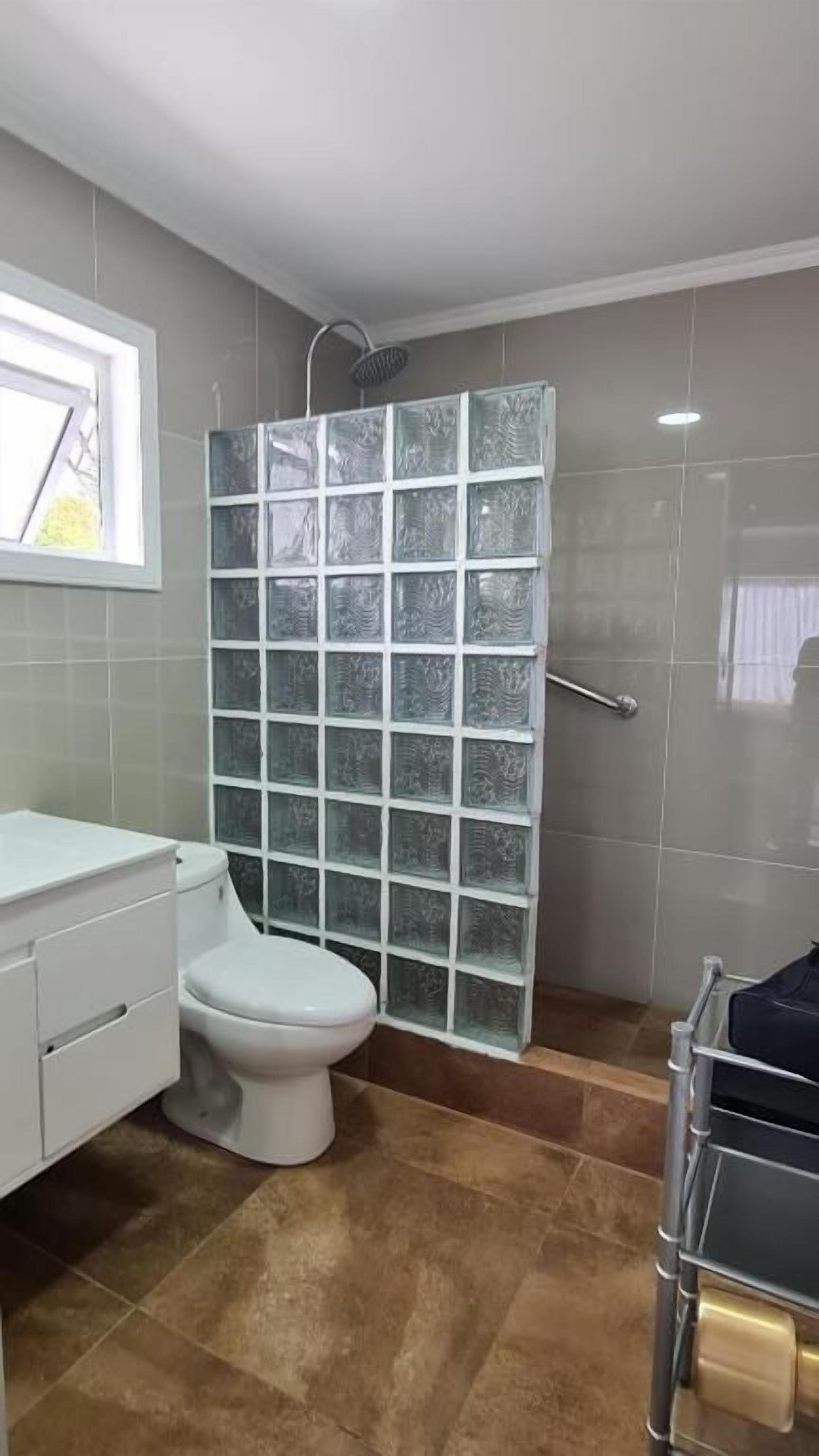 A bathroom with a shower enclosure, a toilet, and a sink.
