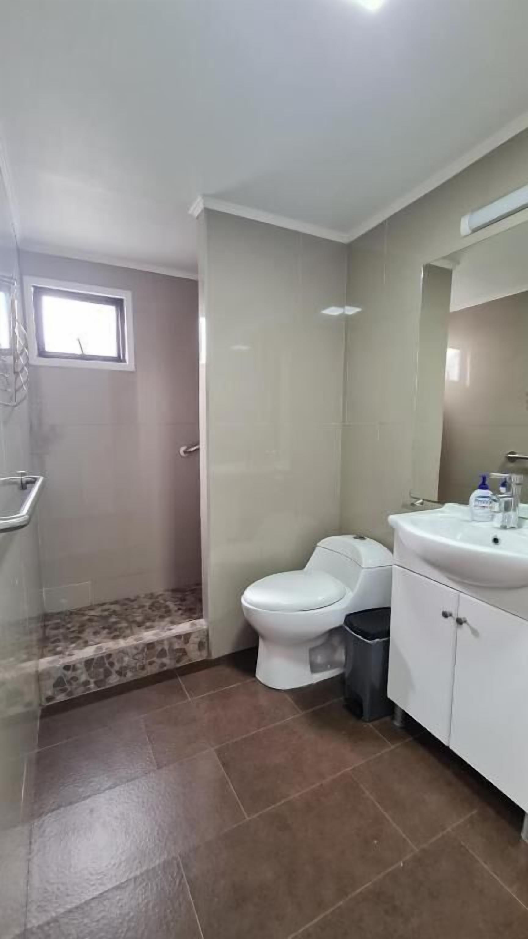 Baño con inodoro, lavabo y zona de ducha.