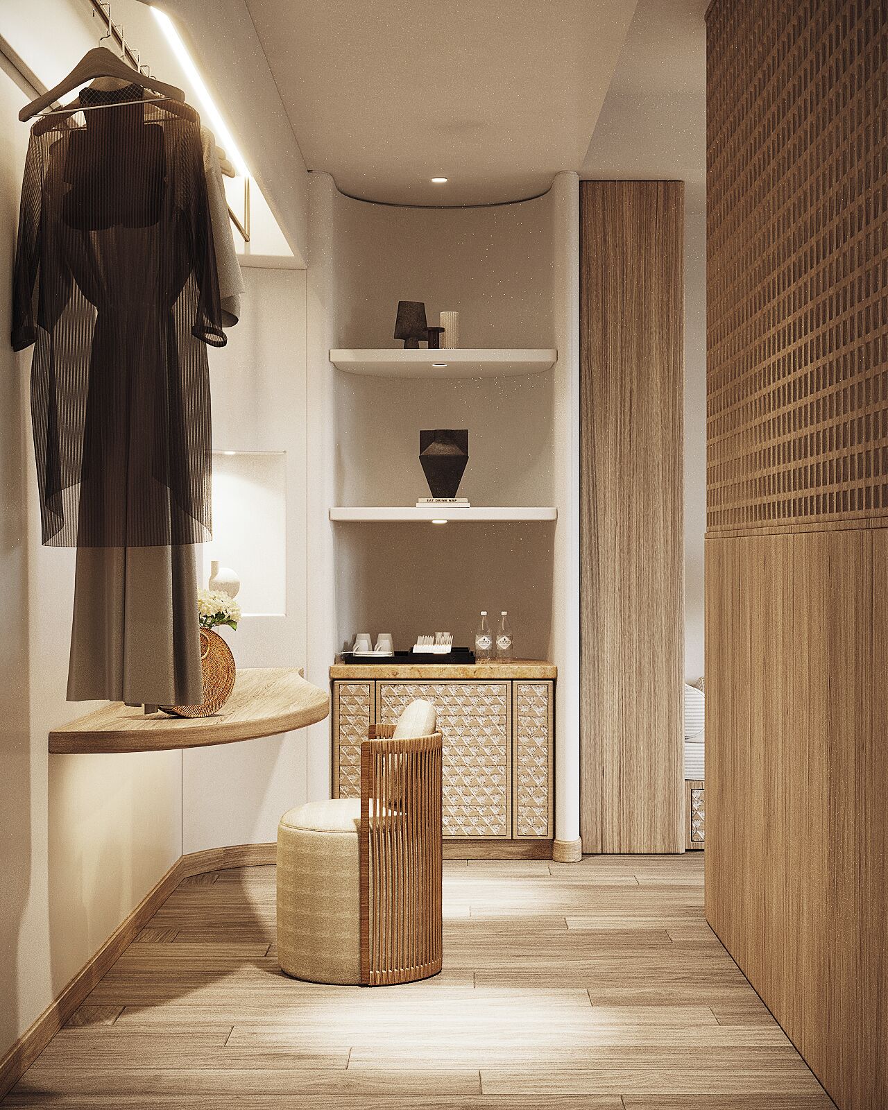 Un interior moderno con piso de madera, un perchero, una repisa con adornos y un mueble con respaldo tejido.
