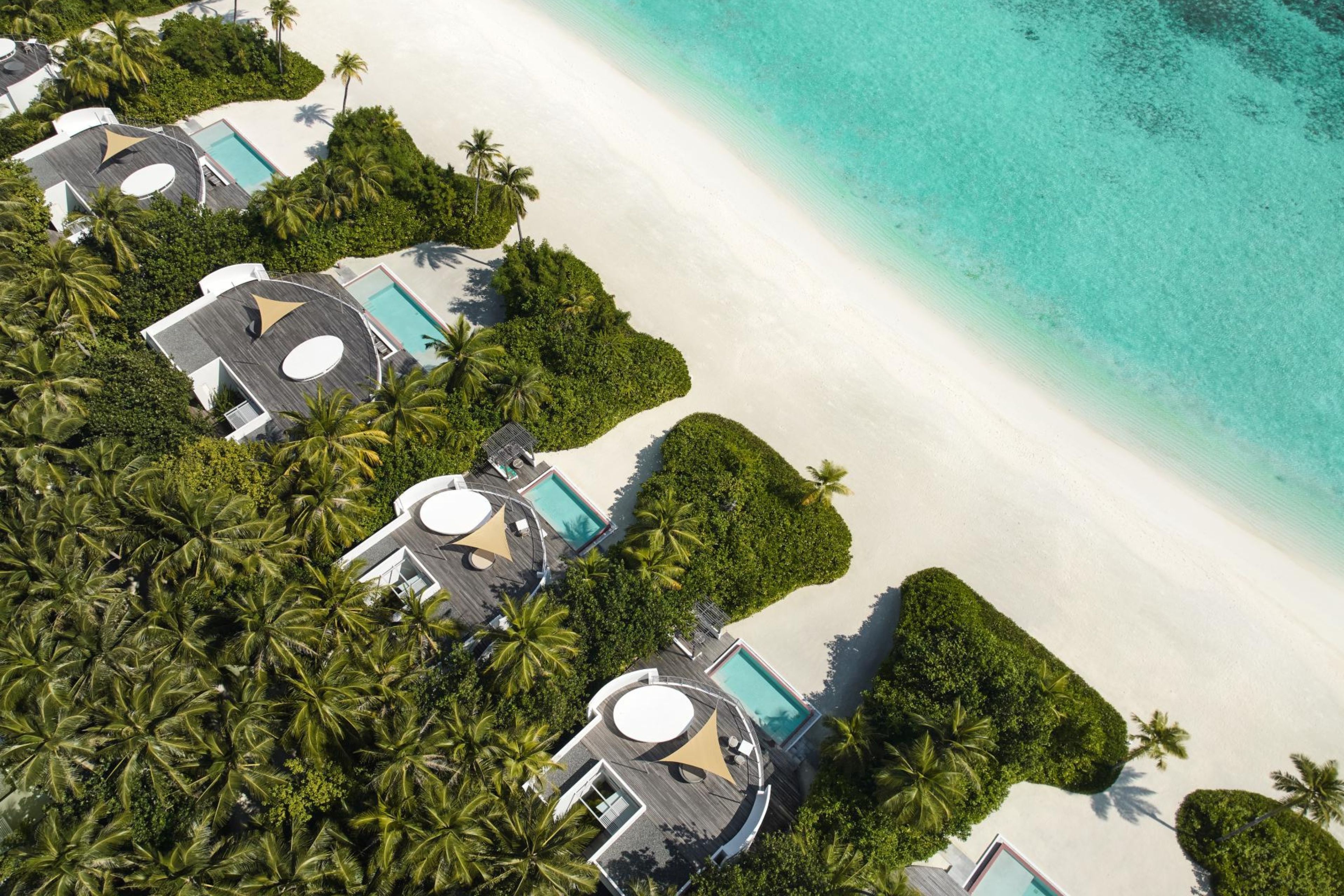 Un resort con varias bungalows sobre el agua, cada uno con piscina privada y rodeado de exuberante vegetación.