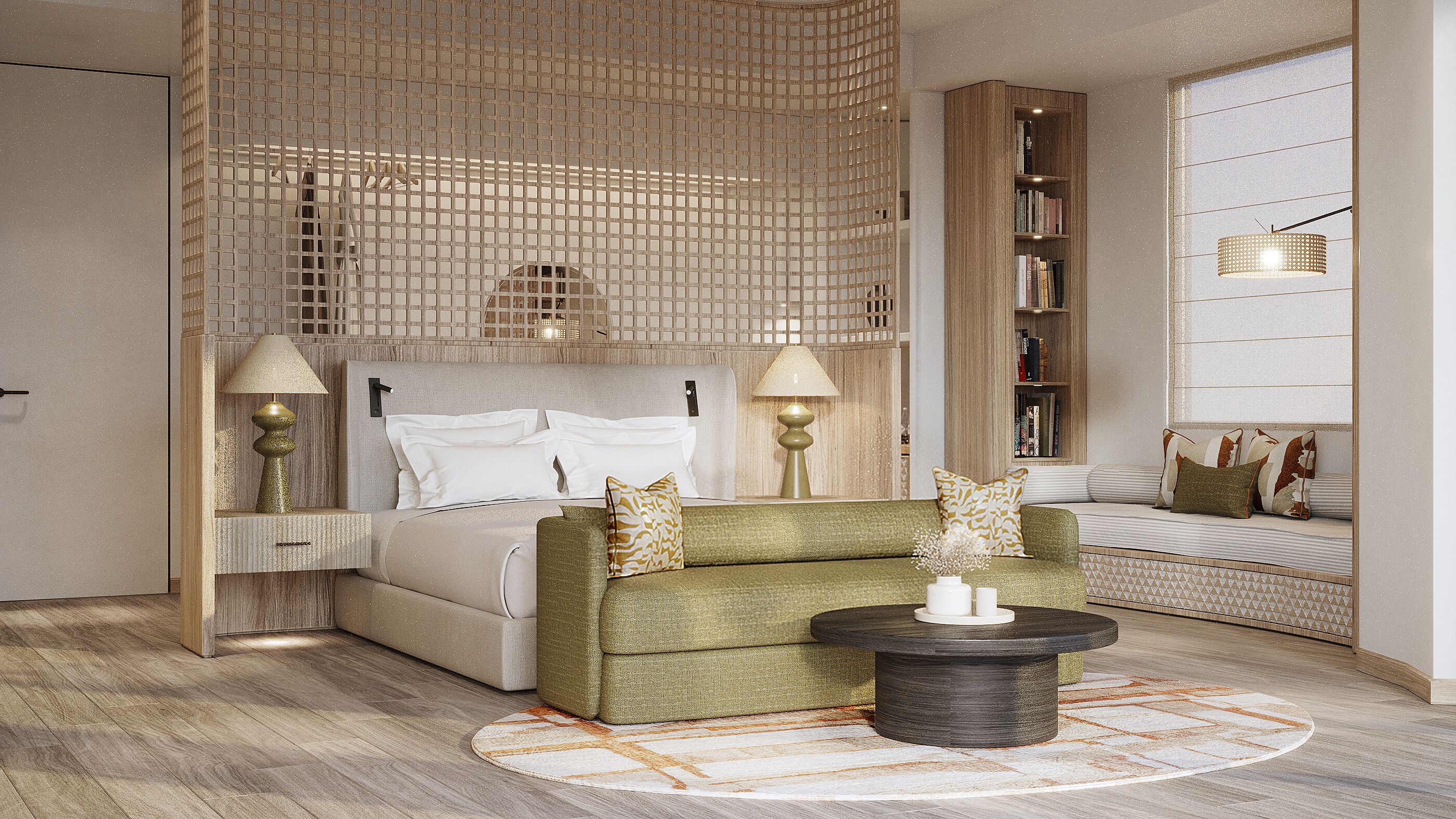 A bedroom with a bed, bedside tables, a sofa, a coffee table, and a bookshelf.