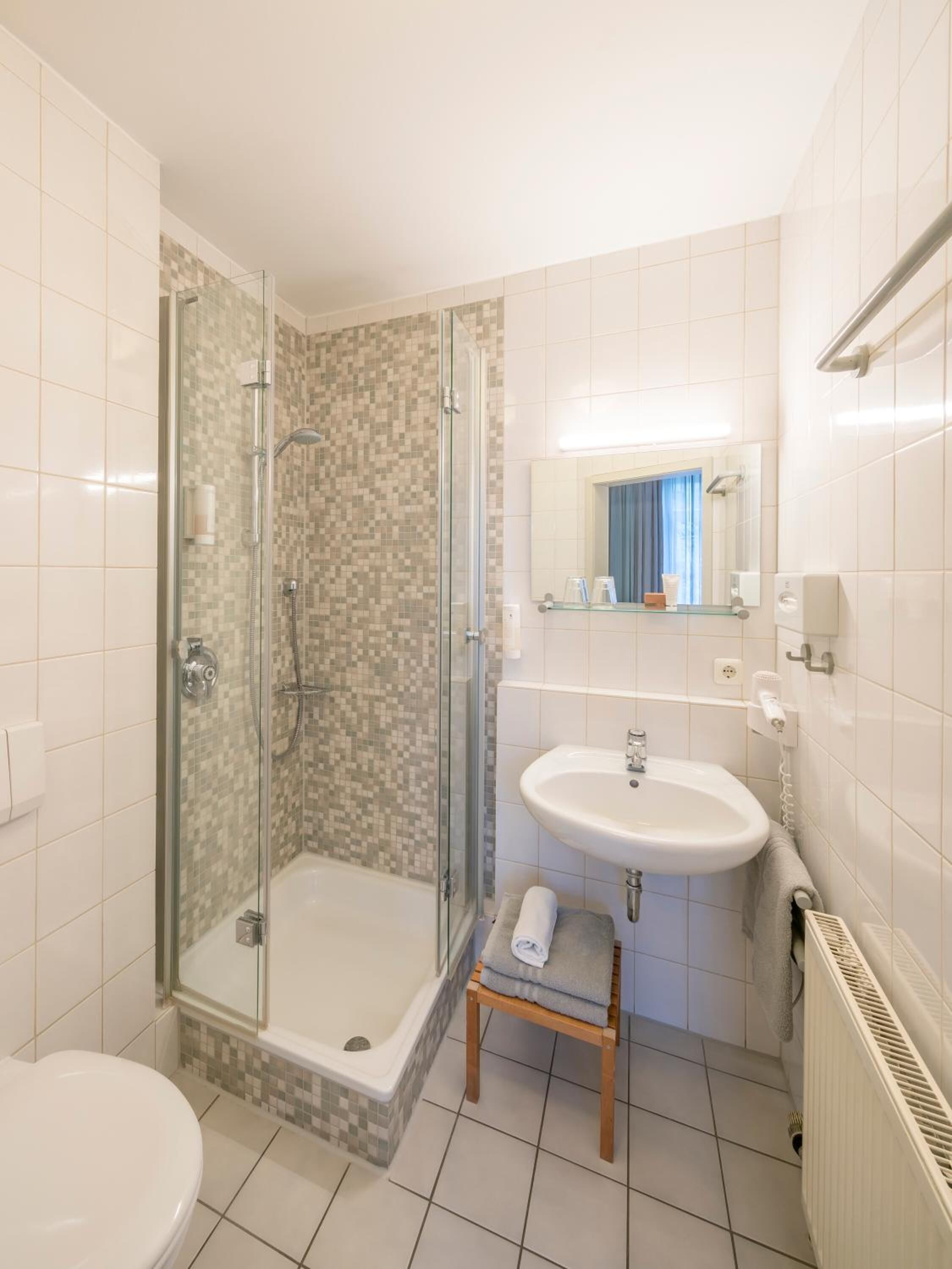 shower, free toiletries, hair dryer, towels