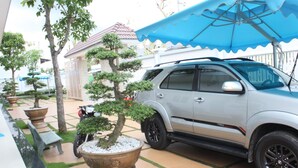 Um SUV prateado estacionado em um jardim bem cuidado, com plantas em vasos e um guarda-chuva azul.