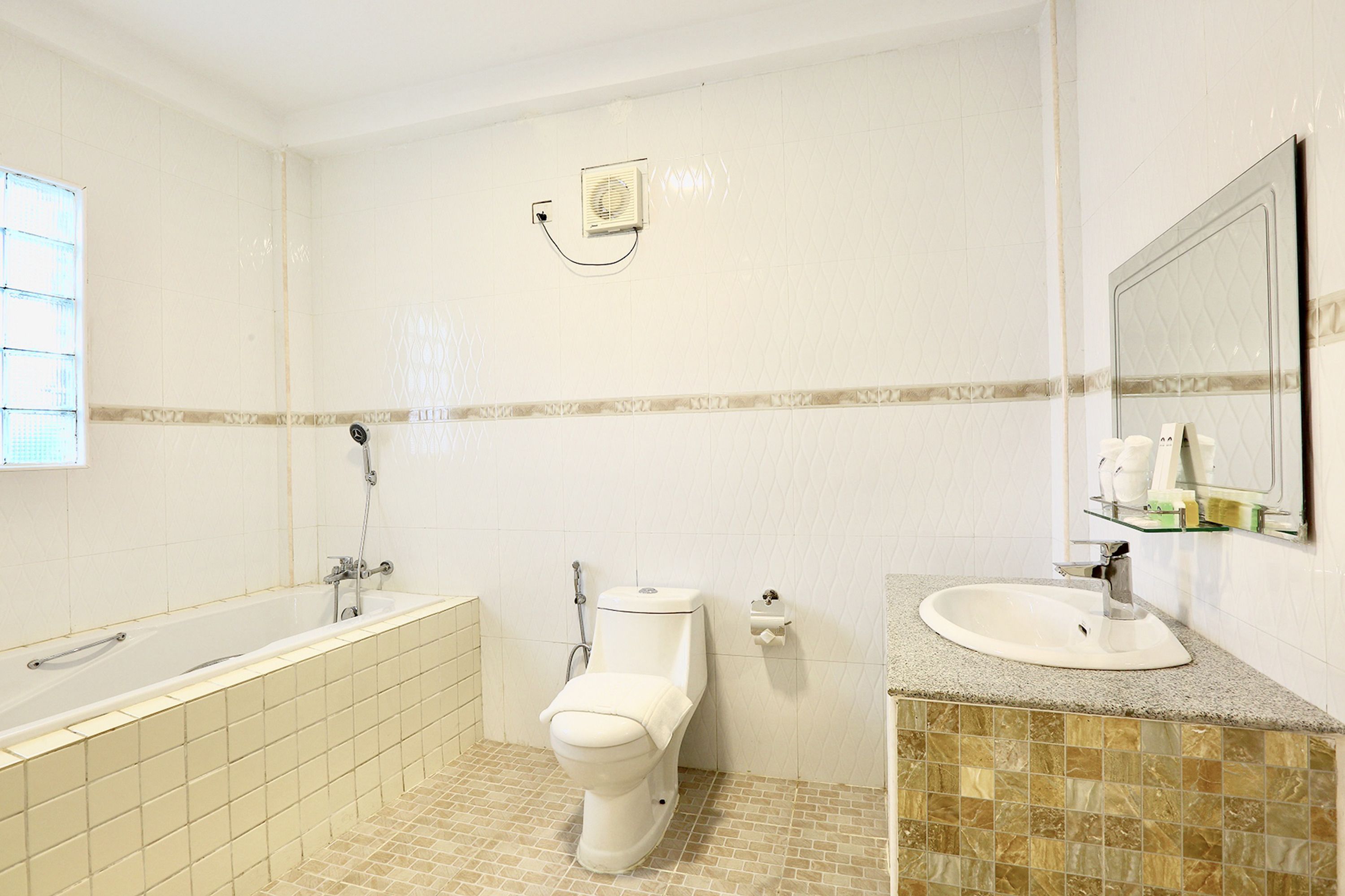 free toiletries, hair dryer, slippers, towels